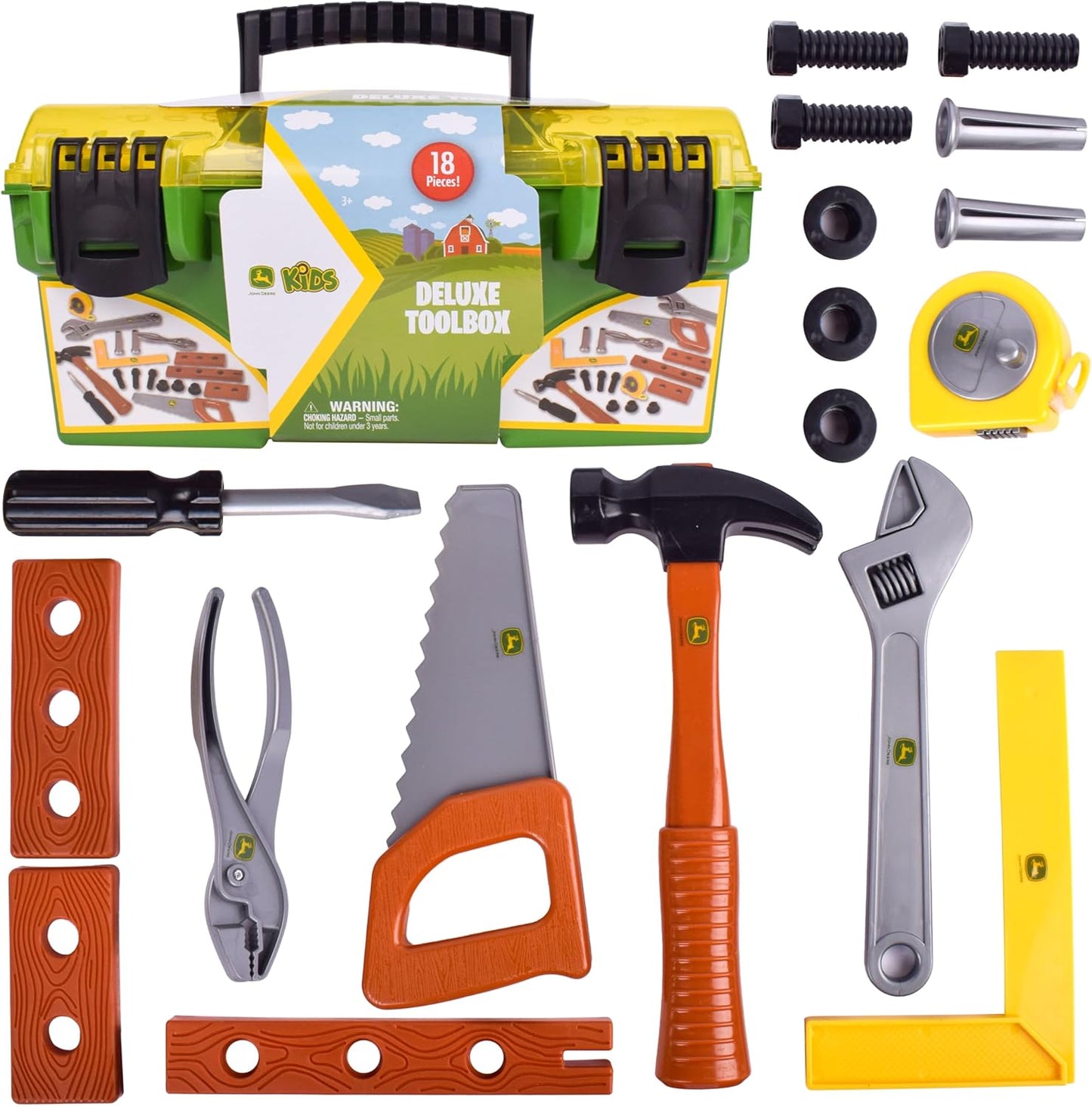John Deere 18 Piece Deluxe Tool Box, Construction Playset with Tape Measure and Tools, Interactive Building Toys, Preschool Toys for Boys and Girls