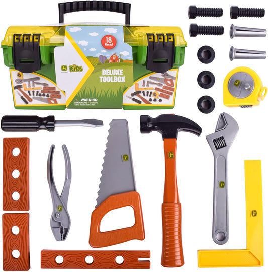 John Deere 18 Piece Deluxe Tool Box, Construction Playset with Tape Measure and Tools, Interactive Building Toys, Preschool Toys for Boys and Girls