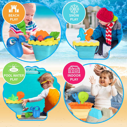 Elovien Beach Sand Toys, Large Dump Truck with Bucket, Sandbox Construction Toy Sand Castle Building Kit with Mesh Bag, Sand Molds, Shovels, Worker Figures, Kids Toddlers Summer Outdoor Travel Toys