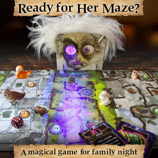 Enchanted Maze - A Light Up Board Game for Families | Ages 5+, 1-6 Players | Cooperative, Competitive and Solo Play Options | with “Secret” LED Light up Tiles, dice, Animal Figurines and a Hag!