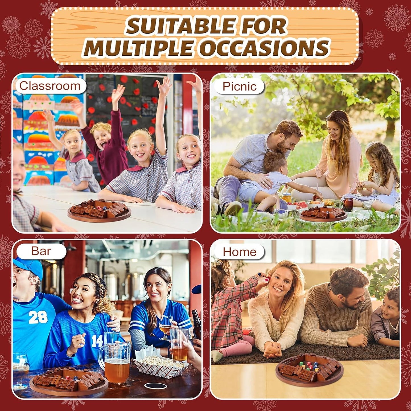Shut The Box Dice Game,2-4 Player Family Wooden Board Table Math Games, 8 Dices Classics Tabletop Version Games for Classroom,Home,Party or Pub - Brown