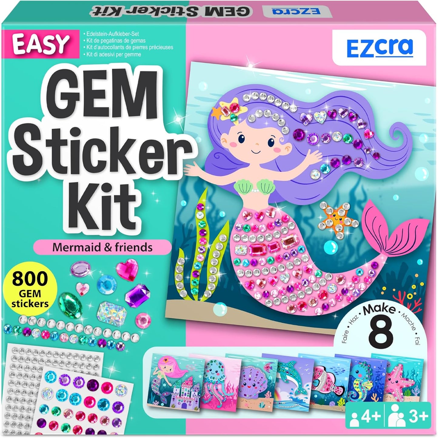 EZCRA Easy Arts and Crafts for Kids - Fun Gem Sticker Kit - 8 Unicorn Princess Themes, 990+ Stickers - Gem Art for Kids - Diamond Art Kits - Gifts for Girls Ages 3-8
