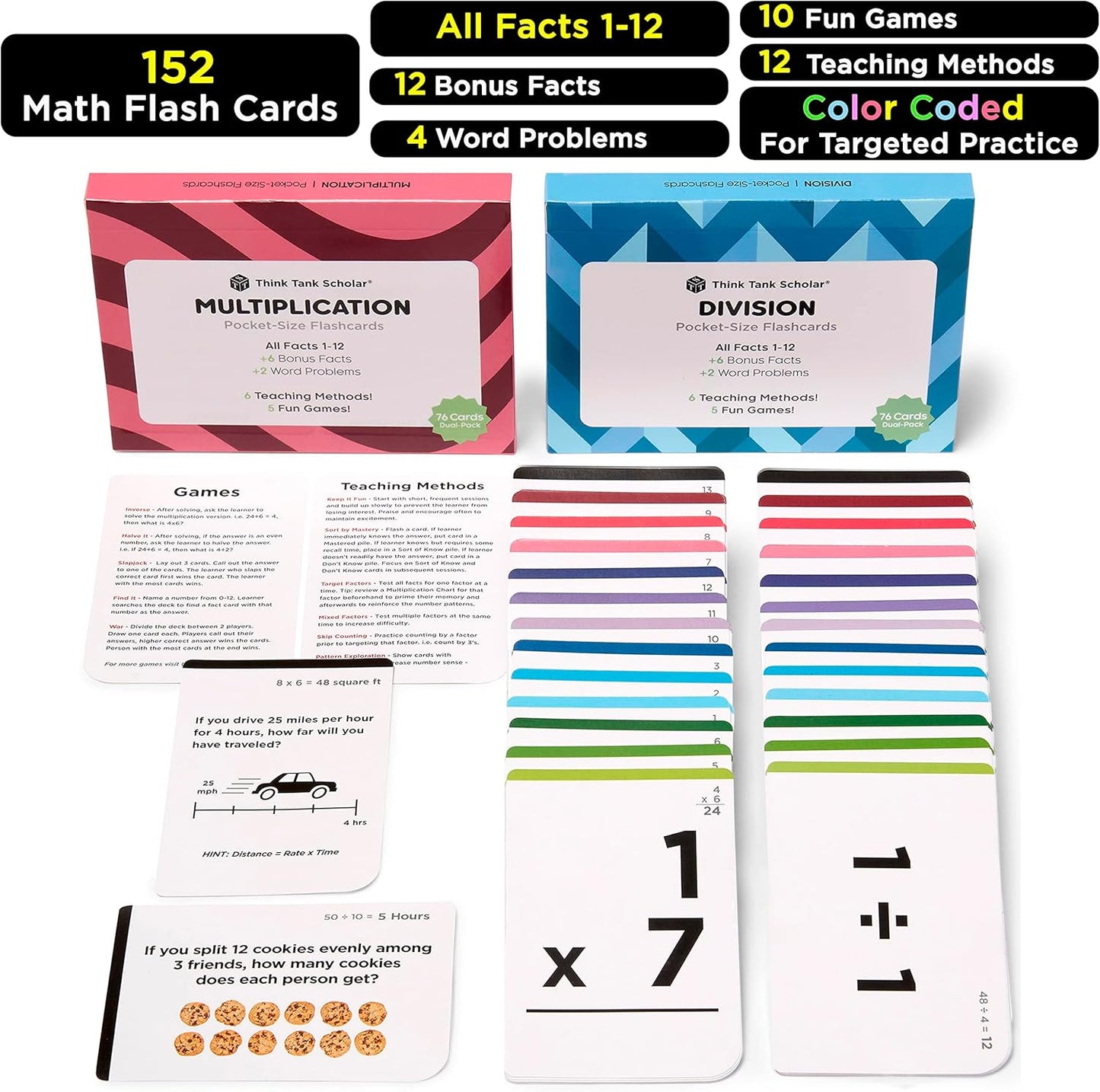 Award-Winning Math Flash Cards – 152 Multiplication & Division Facts (1–12) – 2 Facts Per Card with Visual Aids – Bonus Word Problems, Games & Durable Cardstock – Grades 2–6