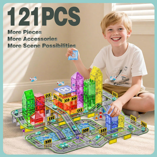150PCS Magnetic Tiles Road Set with Marble Run, Preschool Magnet Tiles Included Magnetic Cars. STEM Magnetic Tiles for Kids, Preschool Educational Building Toys for Boys & Girls