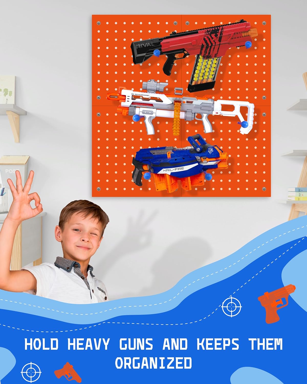 Skywin Wooden Pegboard for Nerf Gun Storage, Nerf Gun Wall Mount Eagle Shape, Compatible with All Blasters, Rack for Wall Organization - Birthday Gift for Kids (Orange)