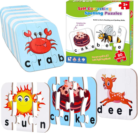 80 Words Self-Correcting Spelling Puzzles, Double-Sided Three and Four Letter Words with Matching Images, Perfect for Kids Age 3+ Year Old