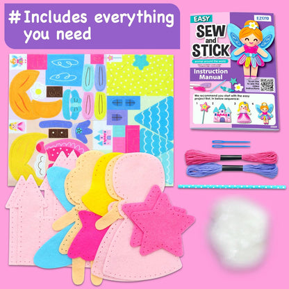 EZCRA Fairy Sewing Kit for Kids Ages 4-8, 4 Easy Projects, No-Mess Learn-to-Sew Arts & Crafts with Felt Stickers for Beginners