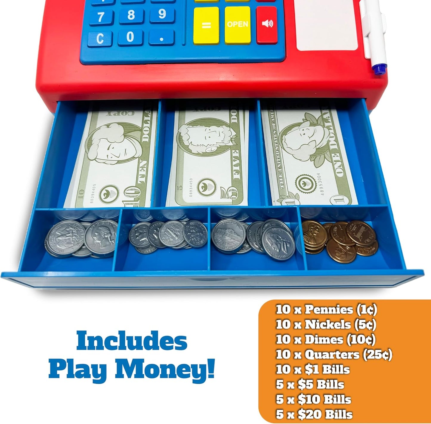 Dr. STEM Toys Solar Powered Calculator Pretend Cash Register with Play Money – 67-Piece Set for Learning Math Skills, STEM Cash Register for Kids (Gray)