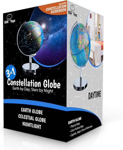 USA Toyz Illuminated Globe for Kids Learning- 3-in-1 STEM Globes of the World with Stand, Constellation Map, Built-in LED Night Light Desk Globe Lamp, Non-Tip Metal Base, 9.75” Tall, 7 Inch Diameter