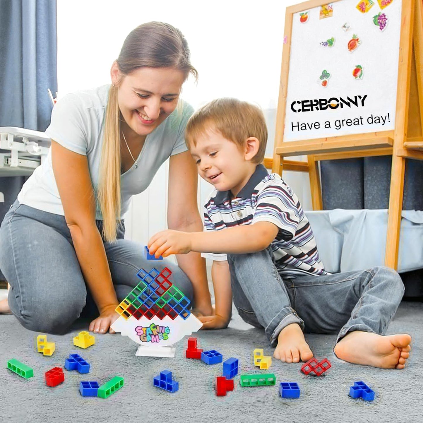CERBONNY 48Pcs Tetra Tower Stacking Blocks Game, Board Games for Families, Parties, Travel and Team Building, Suitable for 1-4 Players Kids & Adults Toys