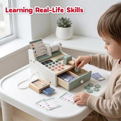 Montessori Wooden Cash Register Toy, Pretend Supermarket Play Set (Ages 3+)