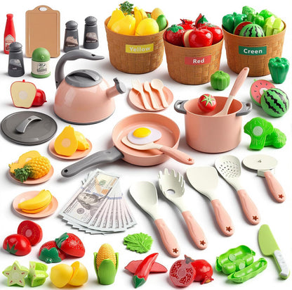 150Pcs Kitchen Playset, Toddlers Pretend Cooking Cookware Accessories, Food, Picnic Blanket, Fruits, Veges, 2Pack Shopping Storage Basket, Dessert and Prop Money, Gift for Kids (Pink)