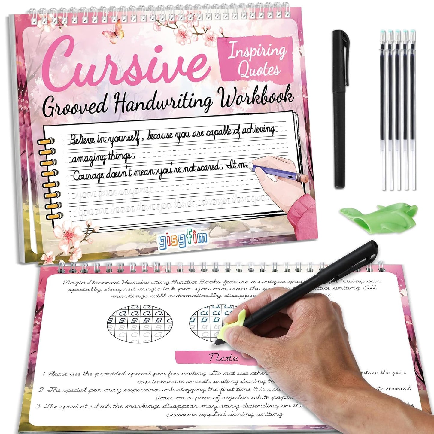 gisgfim Grooved Cursive Handwriting Workbook Magic Reusable Grooved Cursive Handwriting Practice Guided Tracing with Disappearing Ink Pens for Beginners Kids Learning Activities Supplies (Sentence)