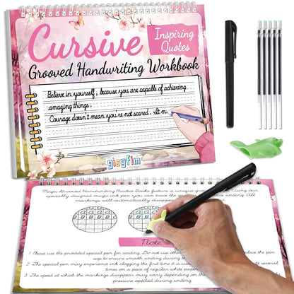 gisgfim Grooved Cursive Handwriting Workbook Magic Reusable Grooved Cursive Handwriting Practice Guided Tracing with Disappearing Ink Pens for Beginners Kids Learning Activities Supplies (Sentence)