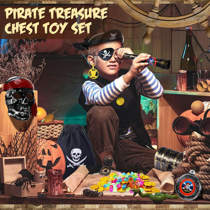 116 Pieces Pirate Treasure Toys, Pirate Treasure Box with Coins Jewels Gems and Pirate Map Compass Telescope for Boy Girl Halloween Cosplay Props Pirate Theme Party Decoration Favor (Cute Style)