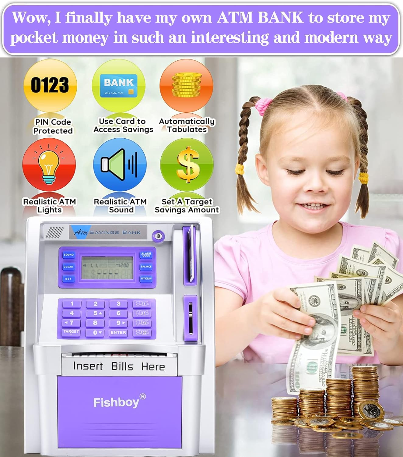 Fishboy Talking Pink ATM Piggy Bank for Kids with Dual Debit Cards, Power-Off Memory, Auto-Opening Drawer for Real Money for Girls, Onekey Shutdown, Bill Feeder, Coin Recognition, Balance Calculator