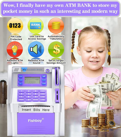 Fishboy Talking Pink ATM Piggy Bank for Kids with Dual Debit Cards, Power-Off Memory, Auto-Opening Drawer for Real Money for Girls, Onekey Shutdown, Bill Feeder, Coin Recognition, Balance Calculator