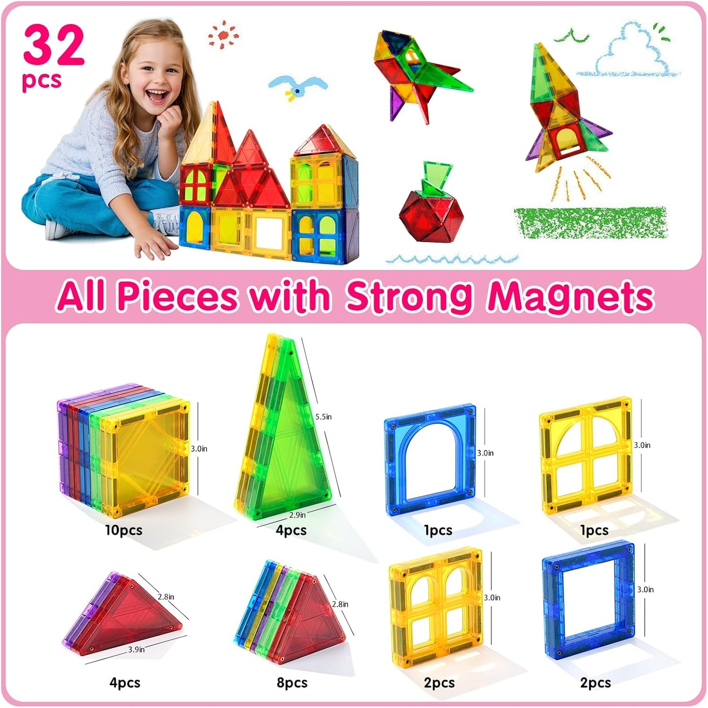 MAGBLOCK Magnetic Tiles Toys for Kids Magnet Building Tiles 100 Pcs Magnetic Blocks Preschool Building Sets Educational Toys for Toddlers Boys and Girls.
