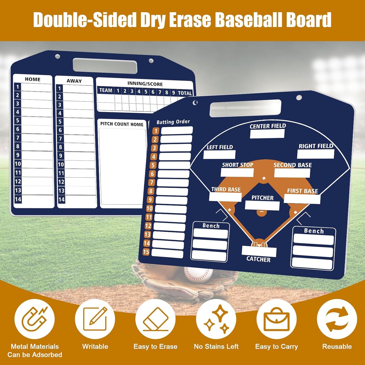 Baseball Coach Clipboard, Anglecai Double-Sided Dry Erase Baseball Lineup Board for Softball Dugout Board Baseball Coaching Board with 30 Lineup Card/ 10 Magnet/2 Marker/2 Hook (Green)