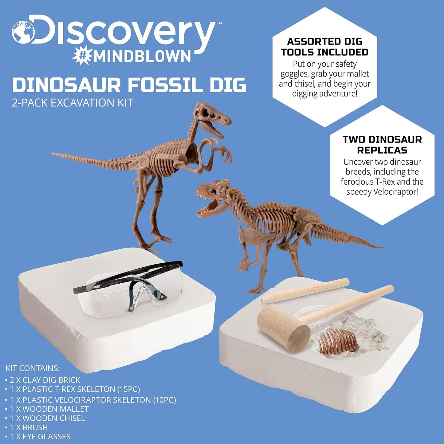 Discovery™ Dinosaur Fossil Dig Kit – Excavate & Assemble T-Rex & Velociraptor Skeletons| 3D Dino Bones Puzzles| Jurassic Paleontology Toy for Kids| STEM Science Activity Set| Girls & Boys Gift Ages 6+