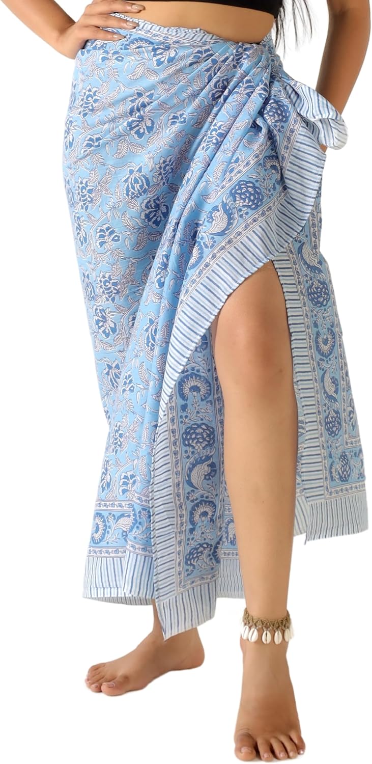 100% Cotton Sarong Cover Up for Women Indian Block Print Beach Wrap Skirt Long Boho Swimsuit Bikini Pareo (73” x 43”)