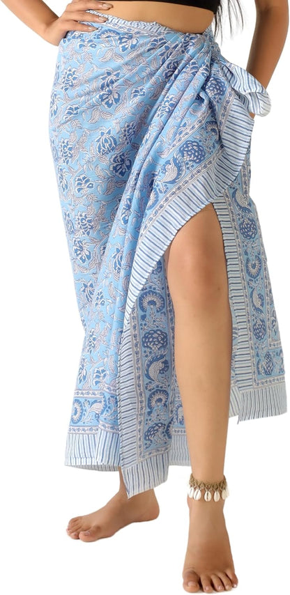 100% Cotton Sarong Cover Up for Women Indian Block Print Beach Wrap Skirt Long Boho Swimsuit Bikini Pareo (73” x 43”)