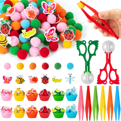 EZdhuawuse Summer Sensory Bin Fillers - 268P Fine Motor Toy Counting Sorting Set for Kid Birthday Easter Gift, Felt Phrases Heart Colorful Pom Poms Cup Clip for Preschool Education Activities