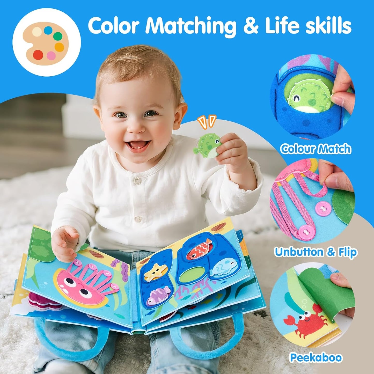 hahaland Ocean Busy Book for Toddlers 1-3, Montessori Toys Sensory Activity Busy Board, Travel Toy for 1 2 3 Year Old Boys Girls, Educational Fine Motor Skills Learning Toy, Toddler Birthday Gift