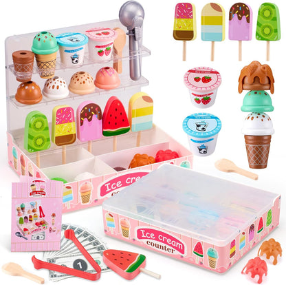 Ehome Wooden Ice Cream Toys Set Pretend Play Food Store for Kids Serve Ice Cream Counter Shop Kitchen Playset with Lucky Wheel, Scoop, Menu, Fake Money for Boys and Girls Ages 3 4 5 6 Birthday Gift