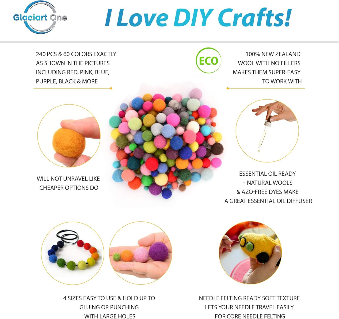 Glaciart One Wool Felt Balls (50 Pieces) 2.5 Centimeters - 1 Inch, Handmade Felted 5 Valentines Colors (Baby Pink, Medium Pink, Magenta and More) - Bulk Small Puff for Felting and Garland