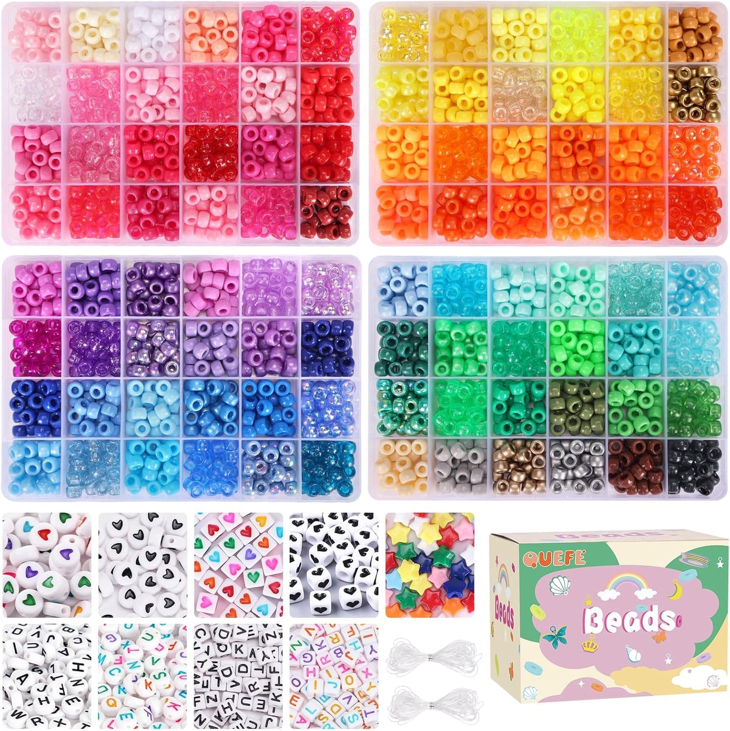 Bracelet Making Kit 96 Colors Pony Beads 3300pcs Friendship Bracelet Kit Rainbow Kandi Beads with Letter and Heart Beads Elastic Threads for Kids Adults Keychain Jewelry Necklace Making