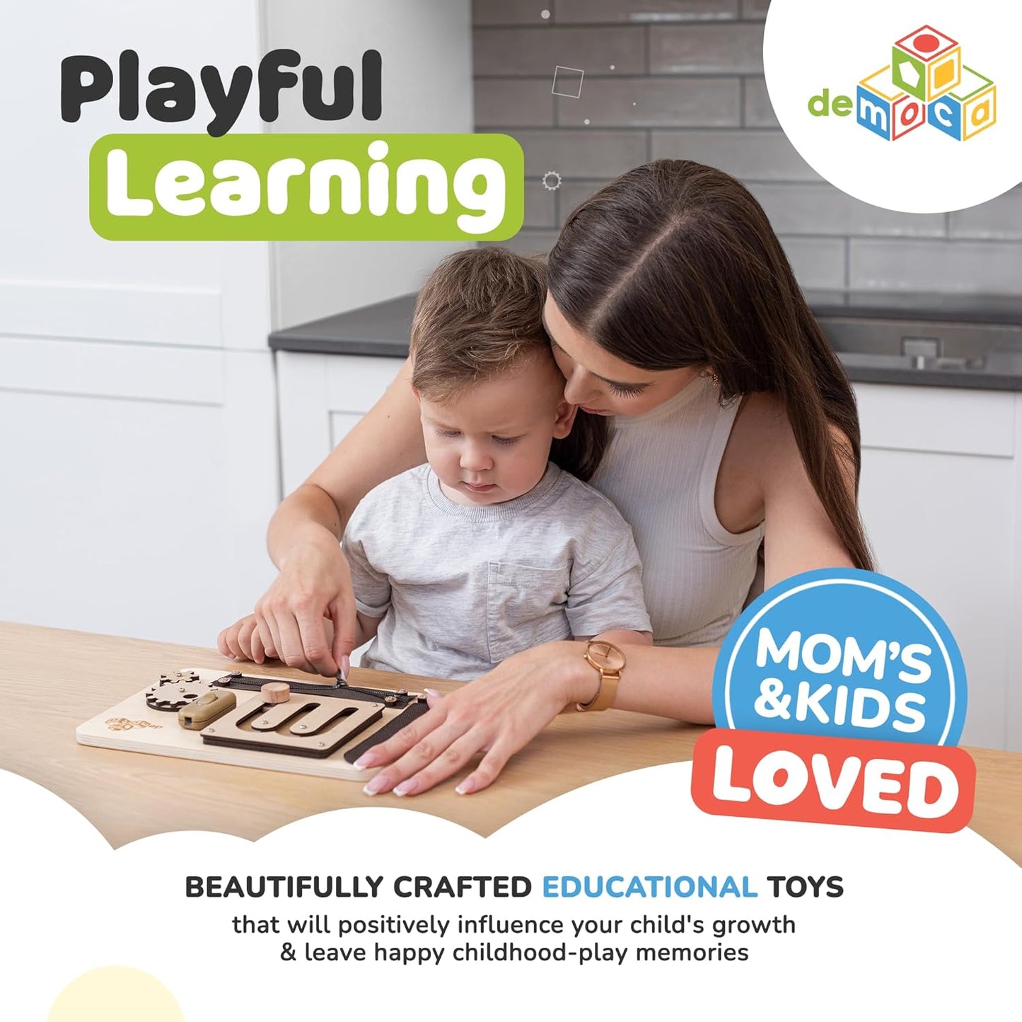 deMoca Toddler Busy Board for 1 Year Old, Travel Baby Wooden Montessori Busy Board for Toddlers 1–3, Switch and Fidget Activities for Early Motor Skills and Travel Play