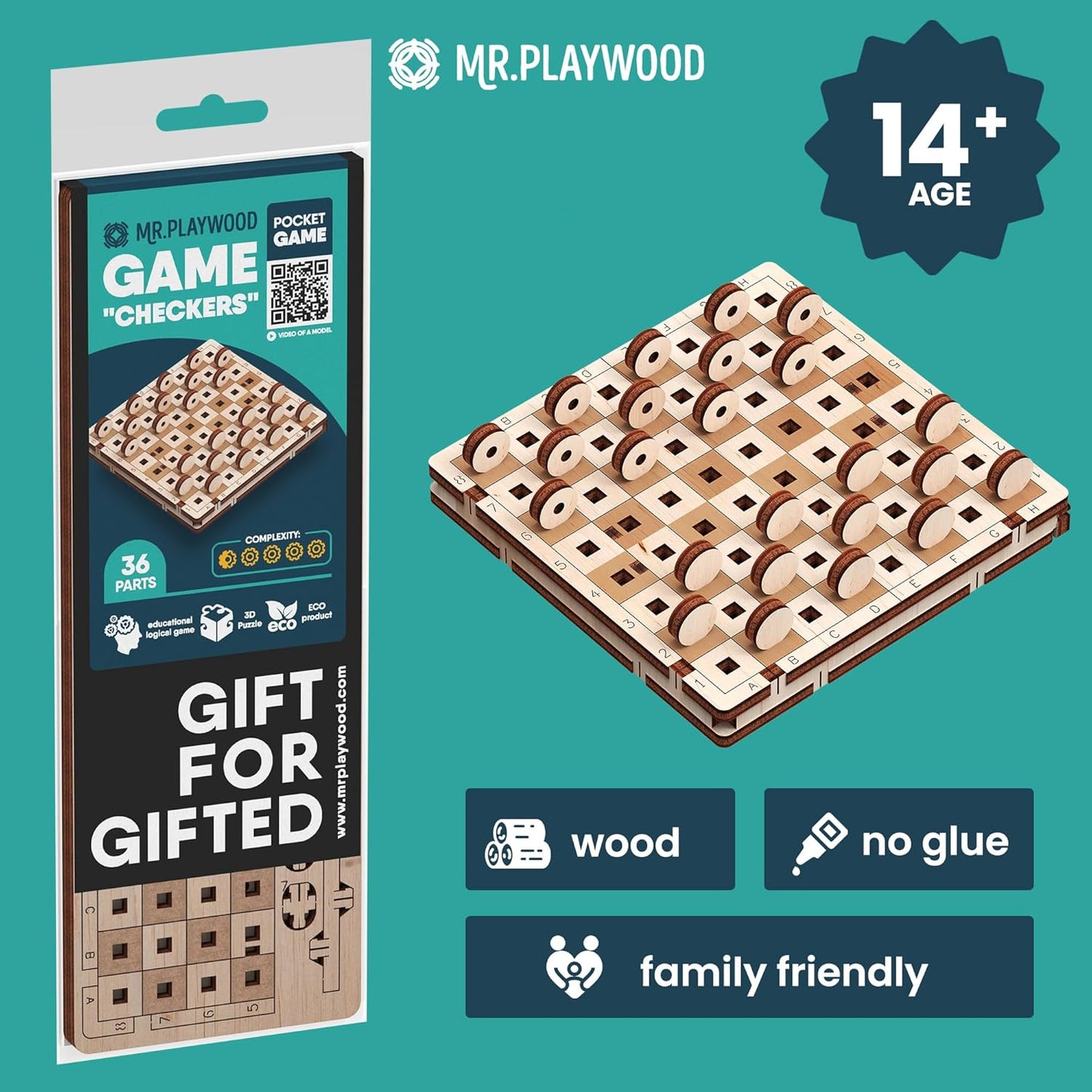 -Wooden Tic Tac Toe Game - 3D Mechanical Wood Model Board Games - Portable Pocket Size Travel Game for Kids & Adults - Coffee Table Games & Home Decor - 15 Piece DIY Logic Puzzle