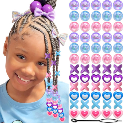 60PCS Pink White Hair Beads for Braids Three Styles Cute Loc Beads Heart Shape Bead for Kids Dreadlock AB Color Round Pony Bead Accessories