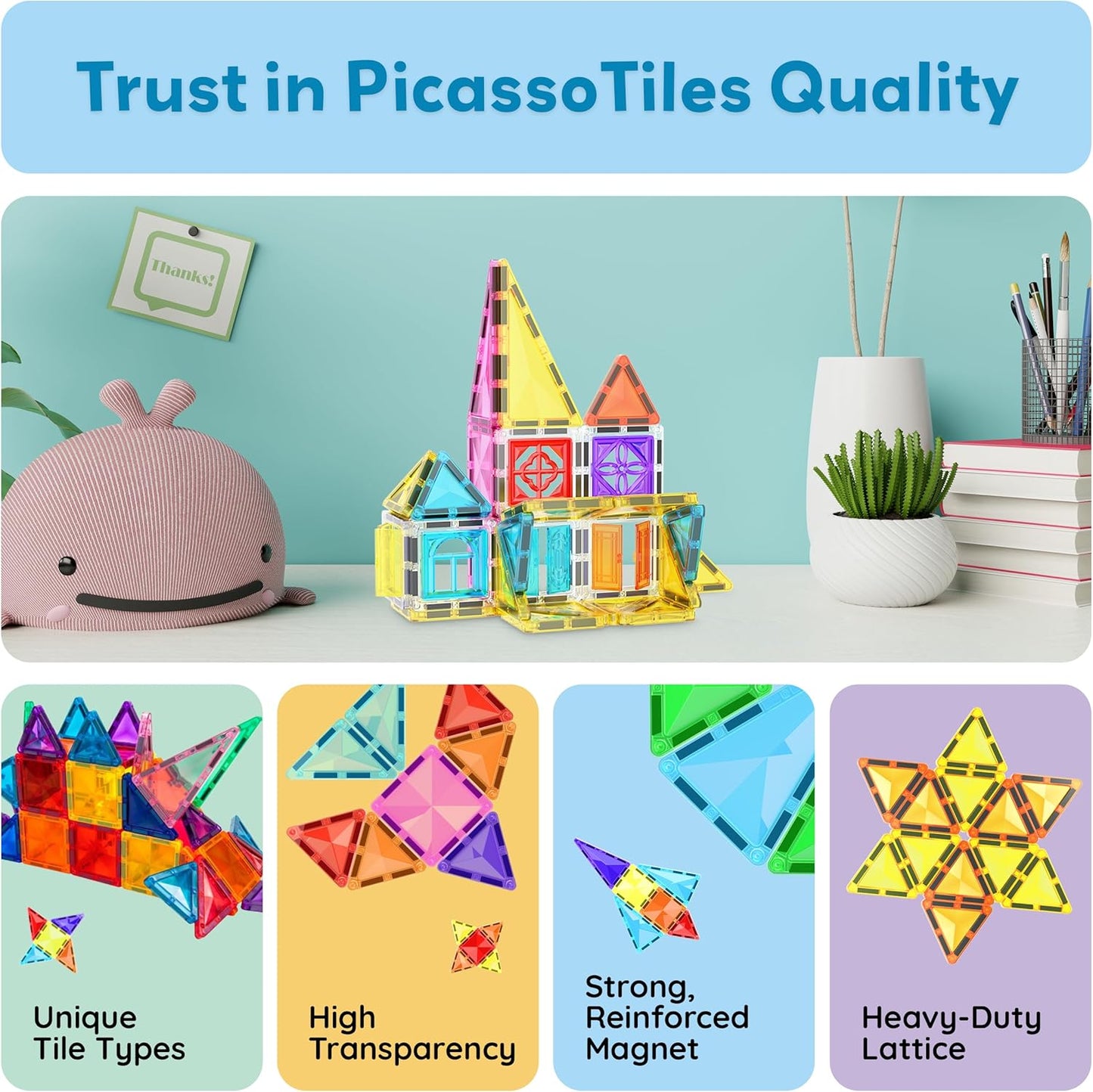 PicassoTiles 60 pcs Mini Magnetic Tiles Magnet Toys Travel-Friendly On-The-Go Building Blocks for Kids Compact Lightweight Creative playset Preschool Montessori Early Learning STEM Kids Toy Ages 3+.