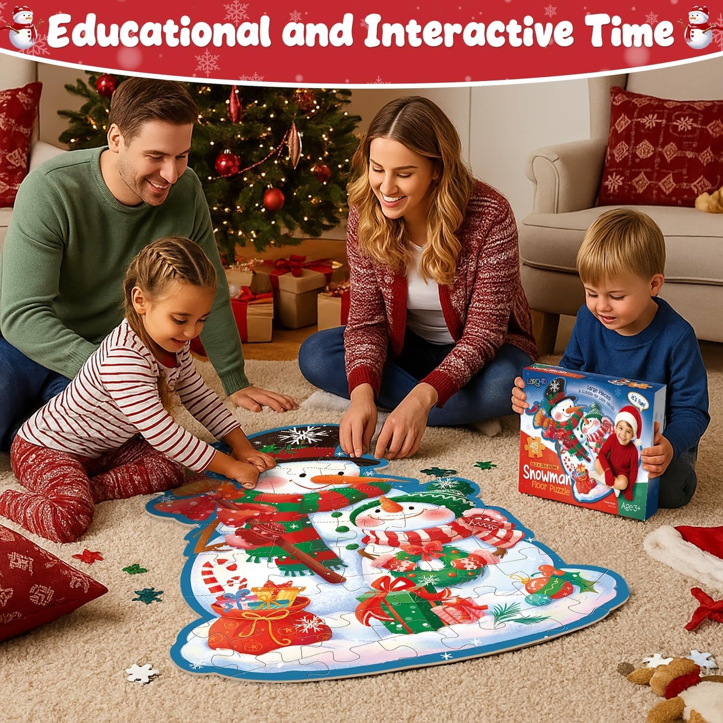 Snowman Floor Puzzle for Kids Age 4-8, 45PCS Jumbo Christmas Jigsaw Puzzle, Large 25.6" x 36.2" Winter Puzzle with Poster, for Kid Boy Girls