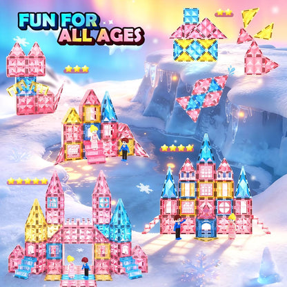 Magnetic Tiles 102pcs with 2 Stairs 2 Dolls Princess Castle Building Girls Toys Age 4-5 6-8 Magnetic Blocks Birthday Xmas Gifts for Girls Toys for 3 4 5 6 7 8+ Year Old