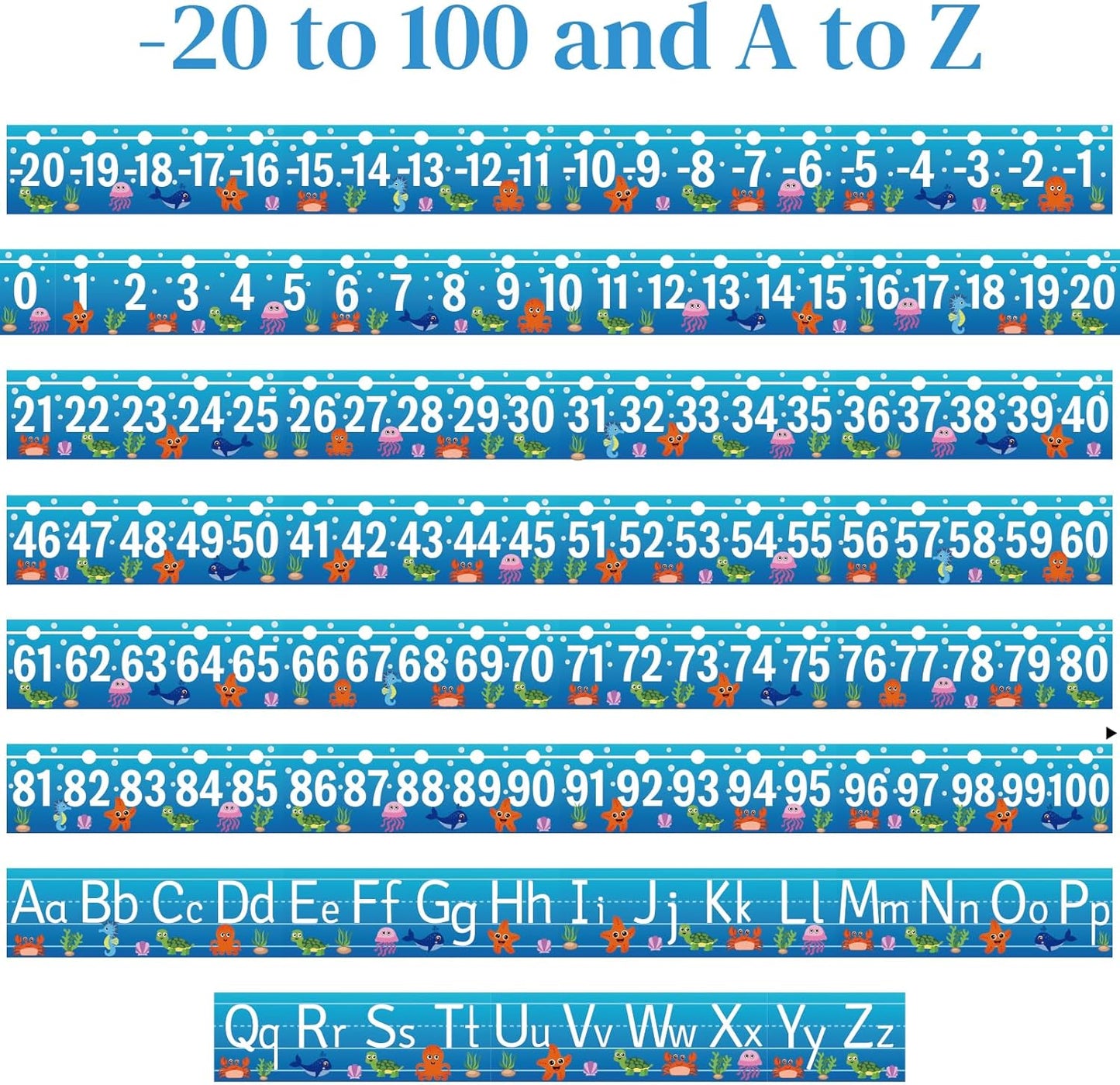 32Pcs A to Z Alphabet and -20-100 Number Cards Boho Bulletin Board Under The Sea Ocean Summer Sunflower Bee Theme Classroom Decorations Math Posters for Wall School Teacher Supplies (Sea Number)