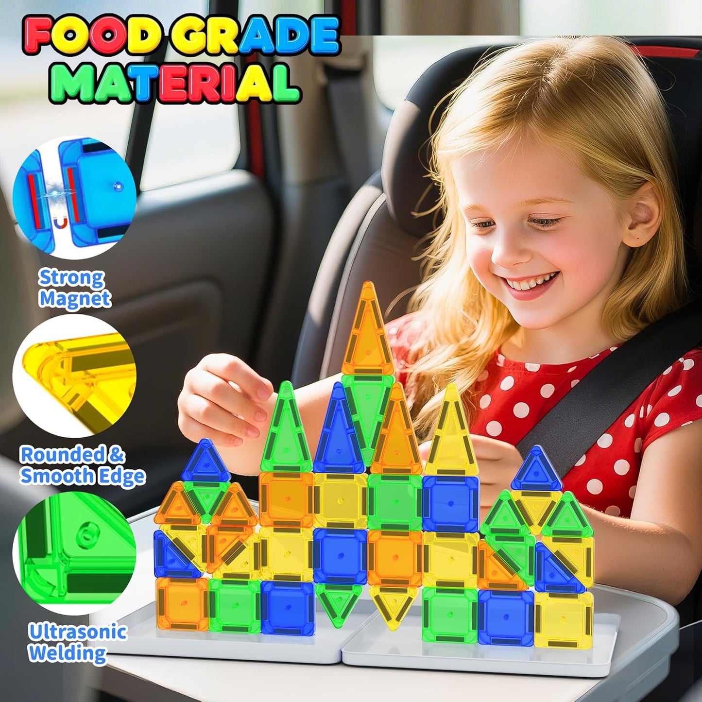 Mini Magnetic Tiles Travel Set with Case 30pcs, Mini Travel Magnet Tiles, Portable Travel Size Magnetic Tiles for Kids Ages 3-5 4-8 Boys Girls, STEM Magnet Toys for Outdoor, Kids Gift
