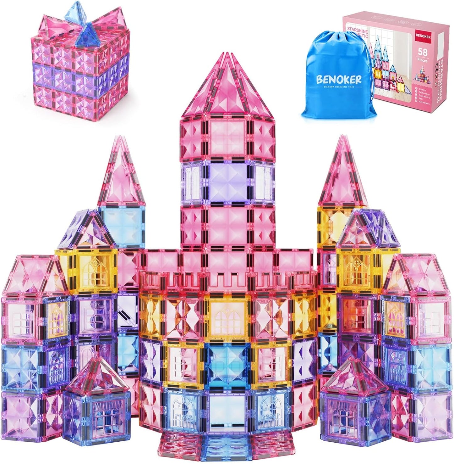 BENOKER Castle Magnetic Tiles, 3D Building Blocks STEM Educational Kids Toys for Pretend Play, 3 4 5 6 7 8 Year Old Birthday Gifts for Boys and Girls, Preschool Learning Toys for Christmas