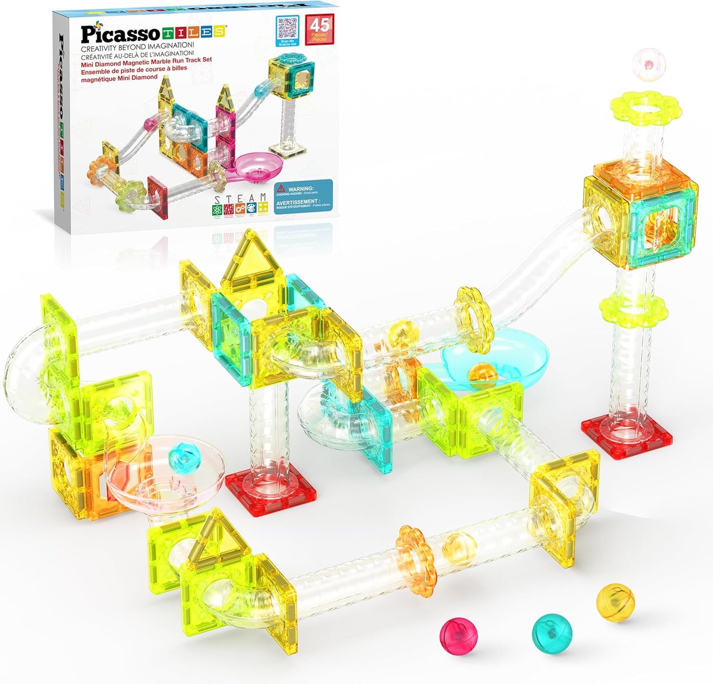 PicassoTiles Marble Run 60 Piece Race Track Magnetic Tiles Magnet Building Block Educational Construction Toy Set Playset STEM Learning Kit Child Brain Development HandEye Coordination Training PTG60