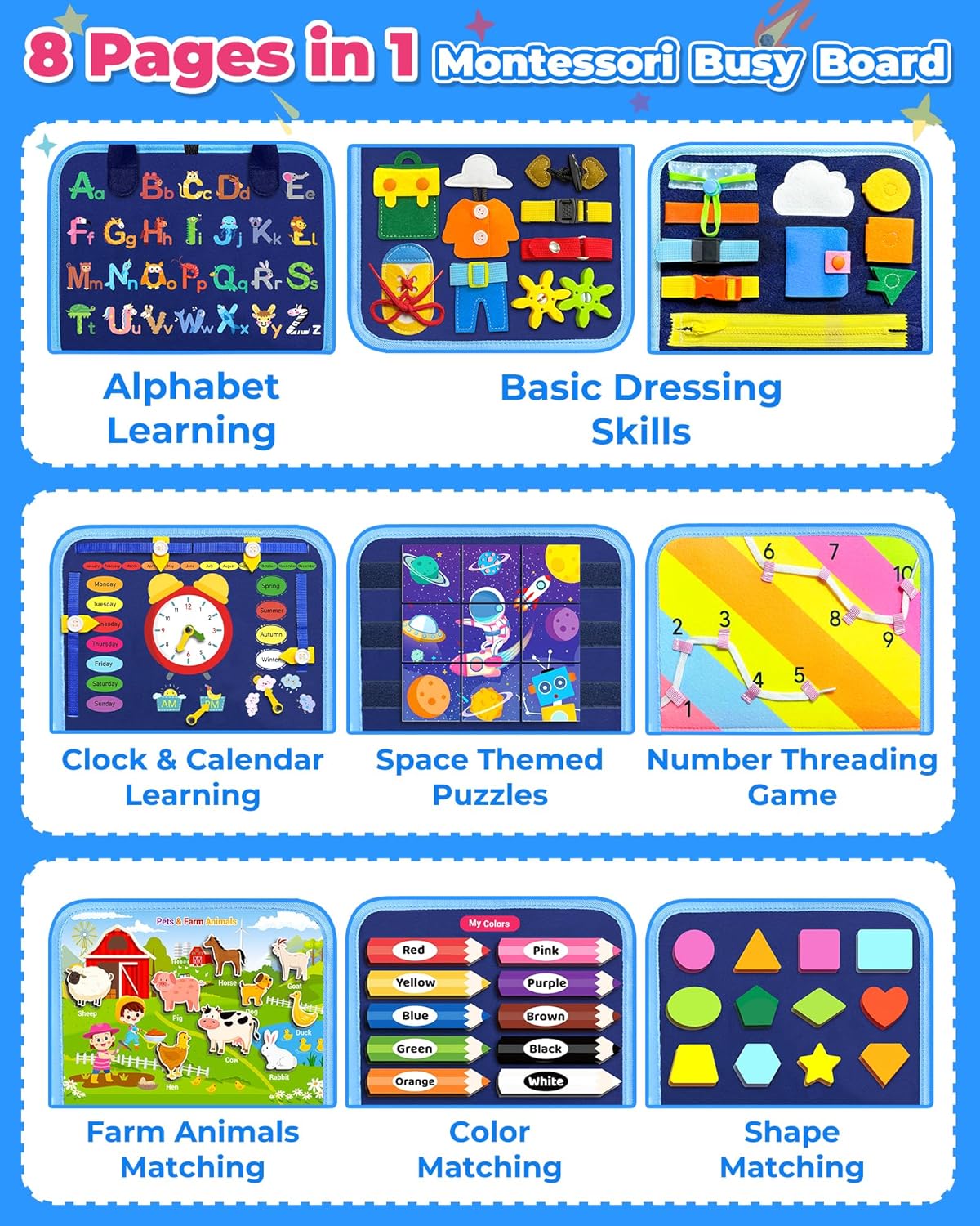 Gojmzo Busy Board Montessori Toys for Toddler Boy Girl Birthday Gifts, Busy Book Sensory Toys for Toddlers, Learning Educational Toddler Travel Activities