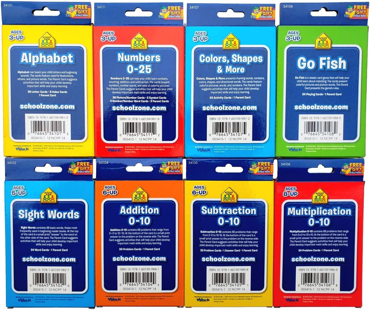 B-THERE Bundle of 8 School Zone Flash Cards, Pre-K - 4th Grade. Sight Words, Subtraction, Multiplication, Go Fish, Addition, Numbers, Colors & Shapes and Alphabet
