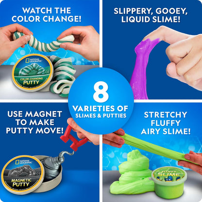 NATIONAL GEOGRAPHIC Mega Slime Kit & Putty Lab - 4 Types of Slime Plus 4 Types of Putty Including Magnetic, Slime Kit for Boys and Girls, Sensory Toy & Science Kit