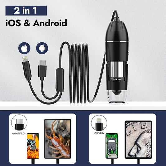 Leipan Digital Microscope, 50X-1600X Magnification Portable USB Microscope with Adjustable Stand, Mini Coin Magnifier Camera Compatible with iPhone, iPad, Android