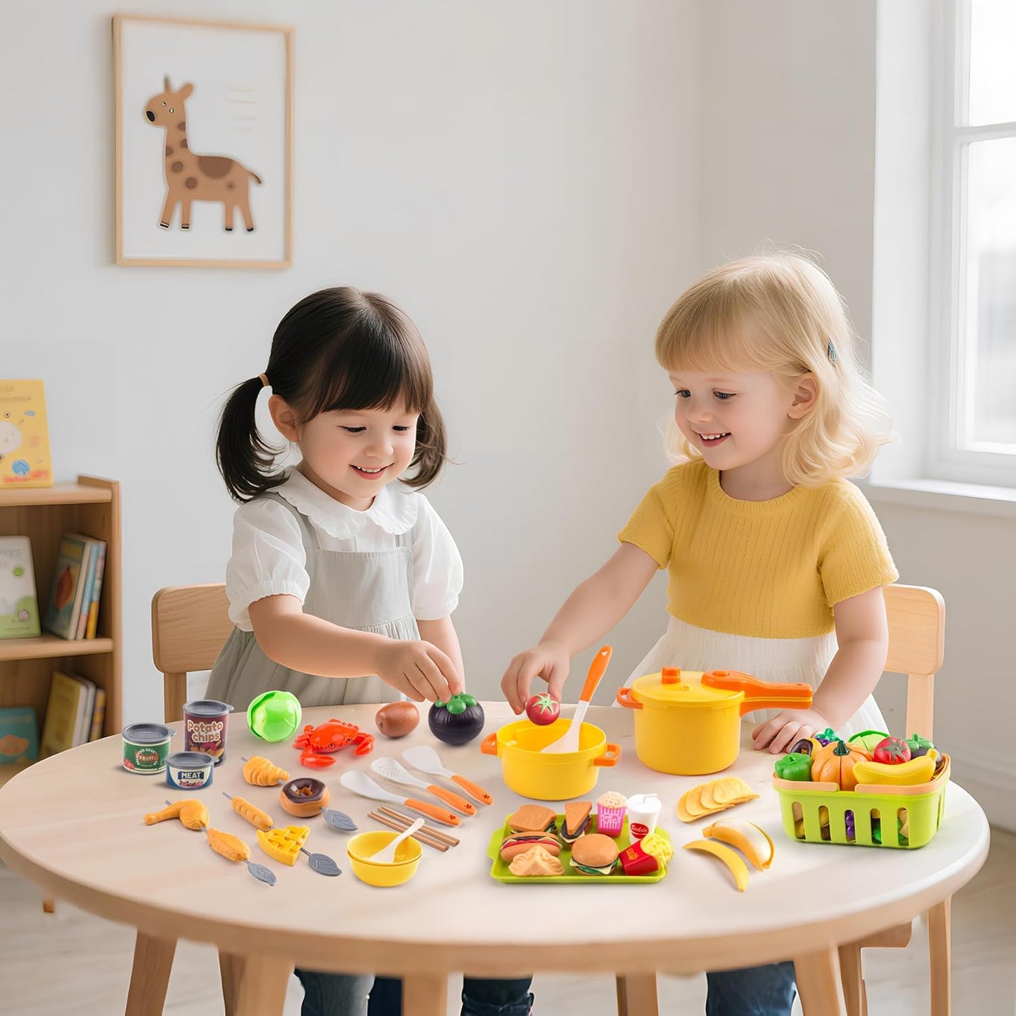 60Pcs Kids Mini Play Kitchen Accessories, Pretend Cooking Play Set with Cookware, Tableware & Fruit & BBQ Sets, Learning Gift for Boys, Girls, Toddlers,Yellow