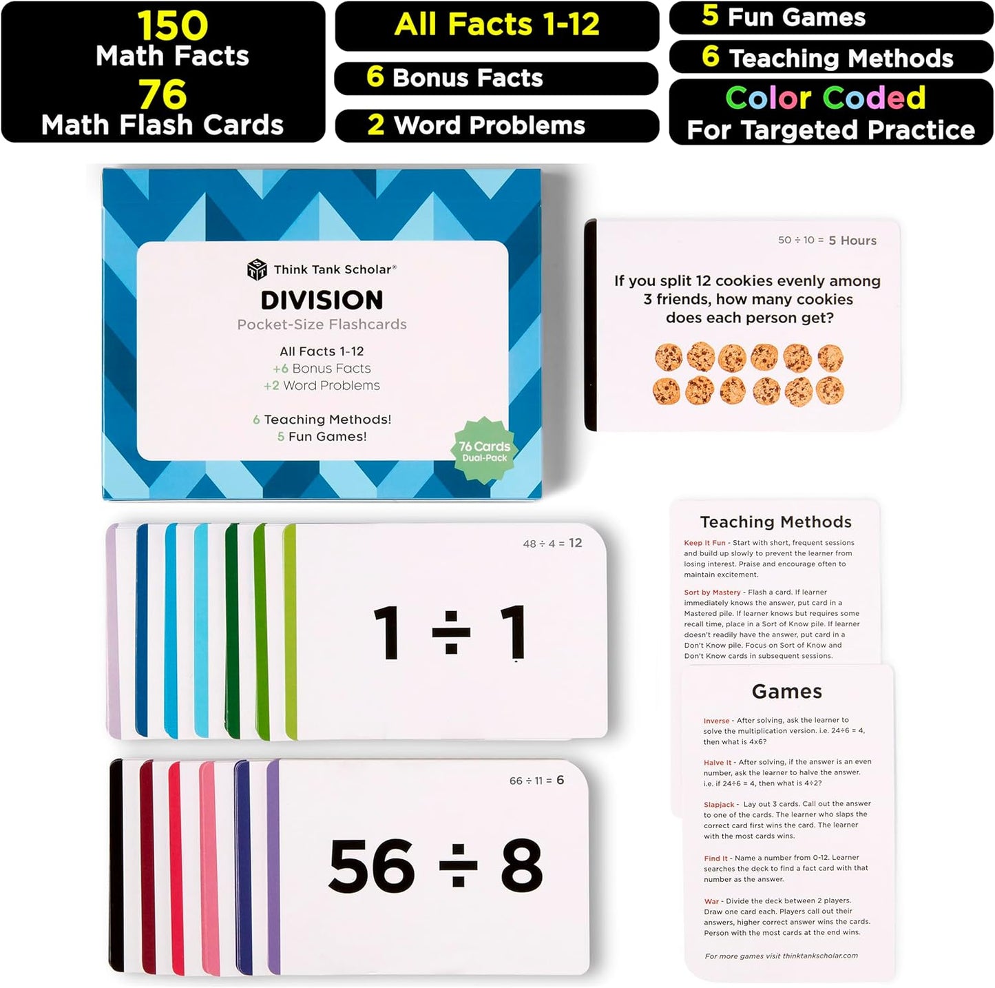 Think Tank Scholar Multiplication Flash Cards (150 Facts) Times Tables Flashcards - All Facts 1-12 for Kids in 3rd, 4th, 5th, 6th Grade - 6 Math Games & Teaching Methods for Classroom/Homeschool