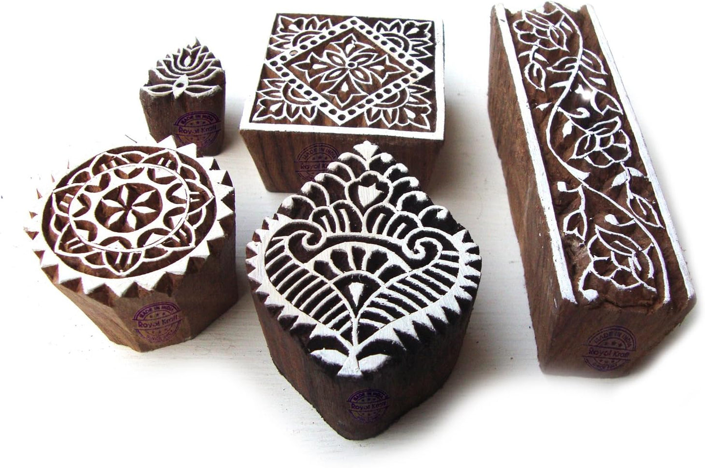Hand Carved Square and Border Pattern Wood Block Print Stamps (Set of 5) Htag0139