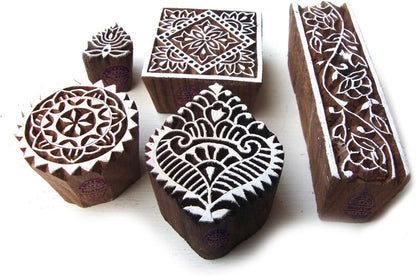 Hand Carved Square and Border Pattern Wood Block Print Stamps (Set of 5) Htag0139