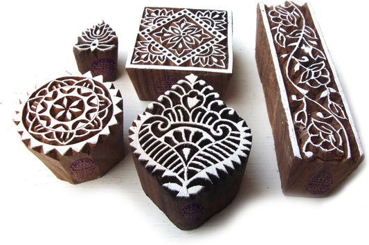 Hand Carved Square and Border Pattern Wood Block Print Stamps (Set of 5) Htag0139